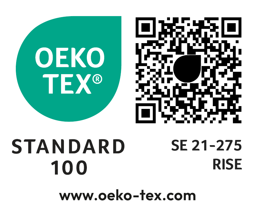 Oeko-Tex logo with QR code for certificate SE 21-275